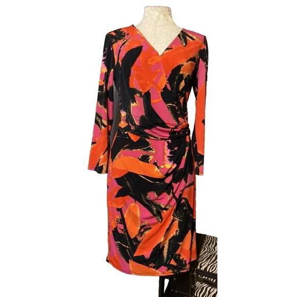 Natori Dress Black Gold Orange Pink Medium 6 8 10 Stretch 3/4 Sleeve Career - Picture 1 of 7